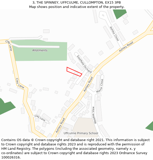 3, THE SPINNEY, UFFCULME, CULLOMPTON, EX15 3PB: Location map and indicative extent of plot