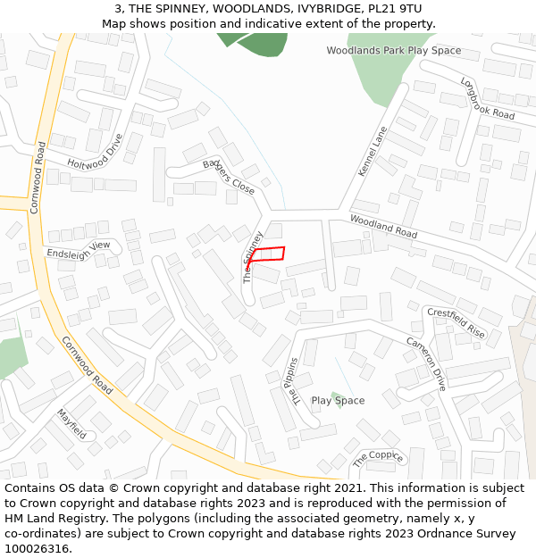 3, THE SPINNEY, WOODLANDS, IVYBRIDGE, PL21 9TU: Location map and indicative extent of plot