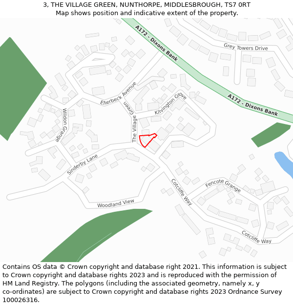 3, THE VILLAGE GREEN, NUNTHORPE, MIDDLESBROUGH, TS7 0RT: Location map and indicative extent of plot