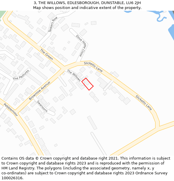 3, THE WILLOWS, EDLESBOROUGH, DUNSTABLE, LU6 2JH: Location map and indicative extent of plot