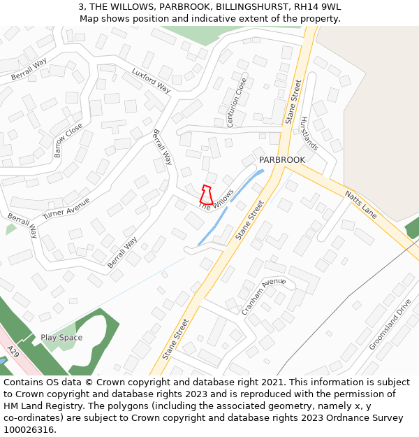 3, THE WILLOWS, PARBROOK, BILLINGSHURST, RH14 9WL: Location map and indicative extent of plot