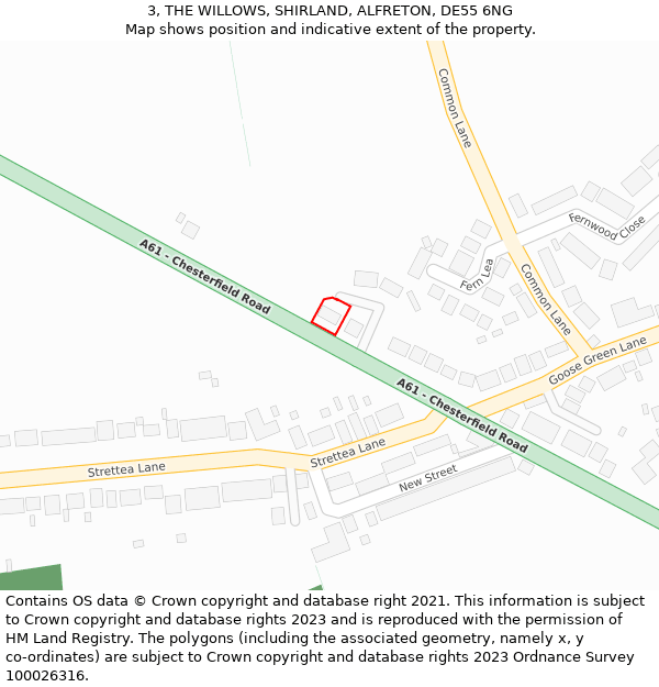 3, THE WILLOWS, SHIRLAND, ALFRETON, DE55 6NG: Location map and indicative extent of plot