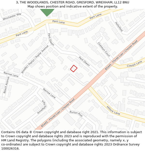 3, THE WOODLANDS, CHESTER ROAD, GRESFORD, WREXHAM, LL12 8NU: Location map and indicative extent of plot