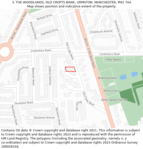3, THE WOODLANDS, OLD CROFTS BANK, URMSTON, MANCHESTER, M41 7AA: Location map and indicative extent of plot