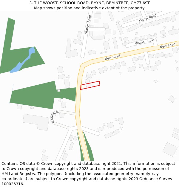 3, THE WOOST, SCHOOL ROAD, RAYNE, BRAINTREE, CM77 6ST: Location map and indicative extent of plot