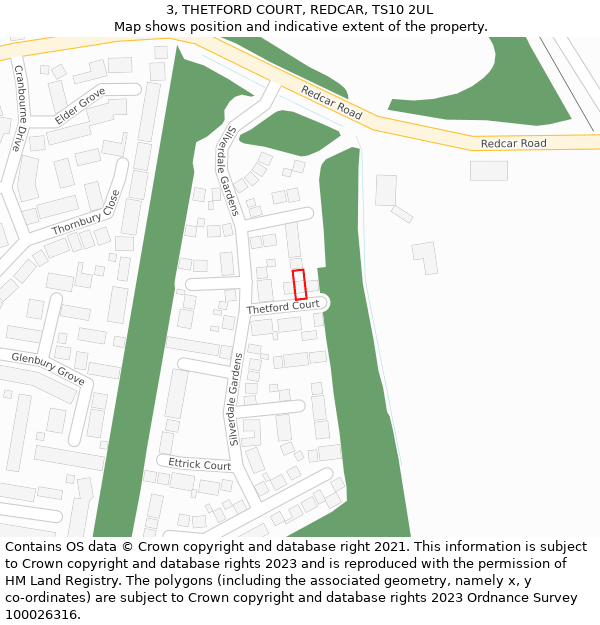 3, THETFORD COURT, REDCAR, TS10 2UL: Location map and indicative extent of plot