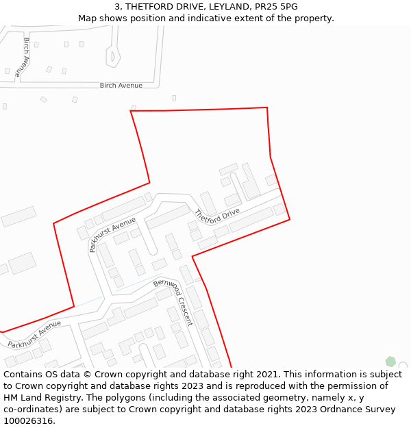 3, THETFORD DRIVE, LEYLAND, PR25 5PG: Location map and indicative extent of plot