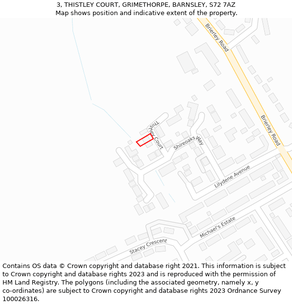 3, THISTLEY COURT, GRIMETHORPE, BARNSLEY, S72 7AZ: Location map and indicative extent of plot