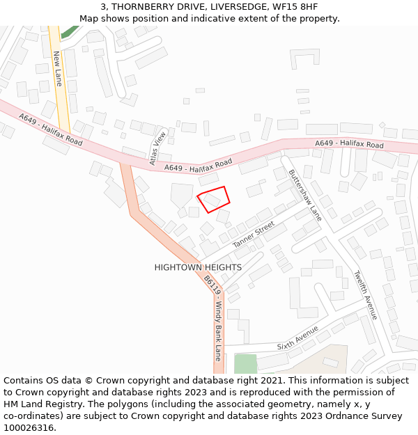 3, THORNBERRY DRIVE, LIVERSEDGE, WF15 8HF: Location map and indicative extent of plot