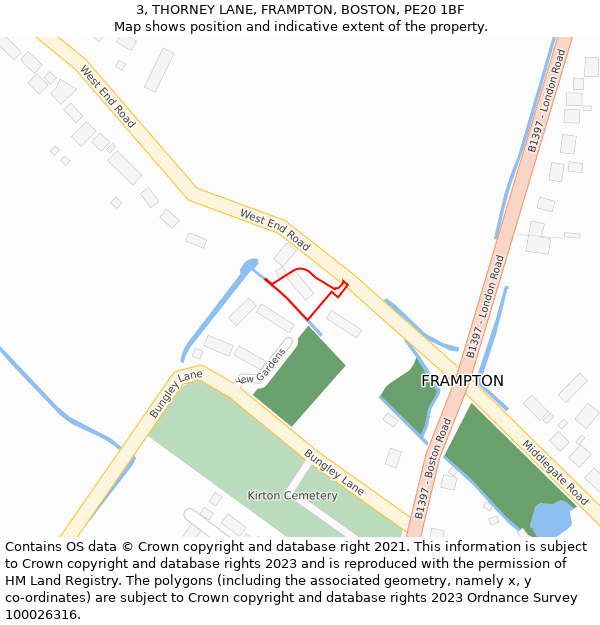 3, THORNEY LANE, FRAMPTON, BOSTON, PE20 1BF: Location map and indicative extent of plot