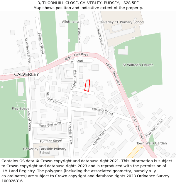 3, THORNHILL CLOSE, CALVERLEY, PUDSEY, LS28 5PE: Location map and indicative extent of plot