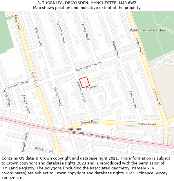 3, THORNLEA, DROYLSDEN, MANCHESTER, M43 6WZ: Location map and indicative extent of plot