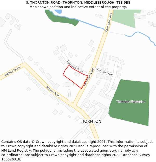 3, THORNTON ROAD, THORNTON, MIDDLESBROUGH, TS8 9BS: Location map and indicative extent of plot