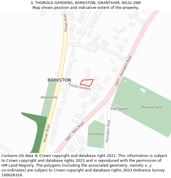 3, THOROLD GARDENS, BARKSTON, GRANTHAM, NG32 2NR: Location map and indicative extent of plot