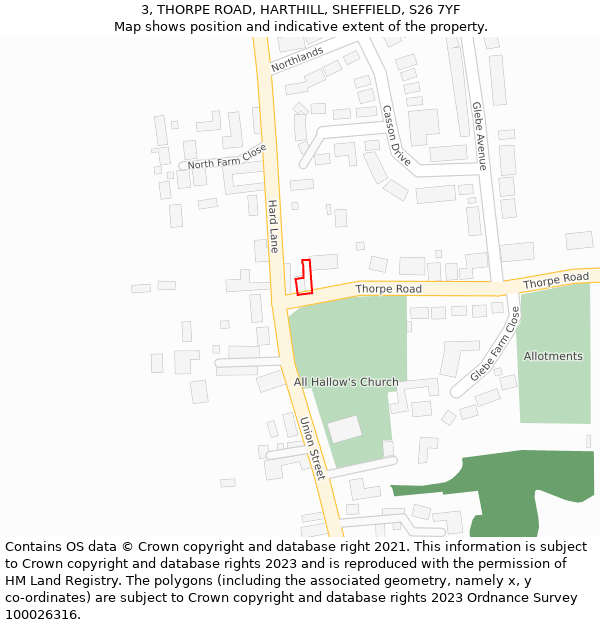 3, THORPE ROAD, HARTHILL, SHEFFIELD, S26 7YF: Location map and indicative extent of plot