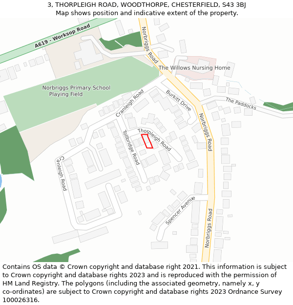 3, THORPLEIGH ROAD, WOODTHORPE, CHESTERFIELD, S43 3BJ: Location map and indicative extent of plot