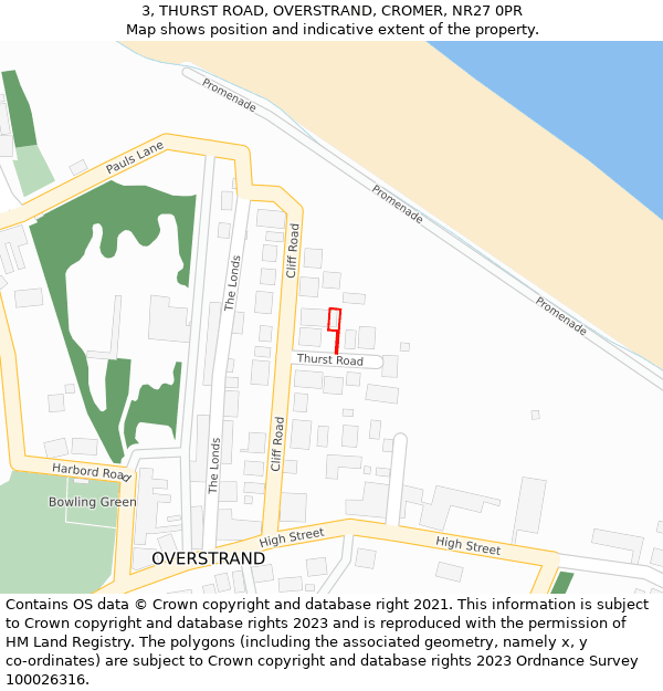 3, THURST ROAD, OVERSTRAND, CROMER, NR27 0PR: Location map and indicative extent of plot