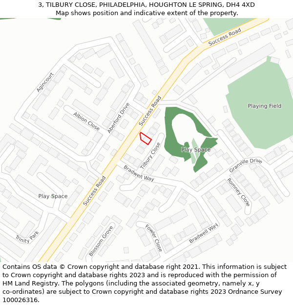 3, TILBURY CLOSE, PHILADELPHIA, HOUGHTON LE SPRING, DH4 4XD: Location map and indicative extent of plot