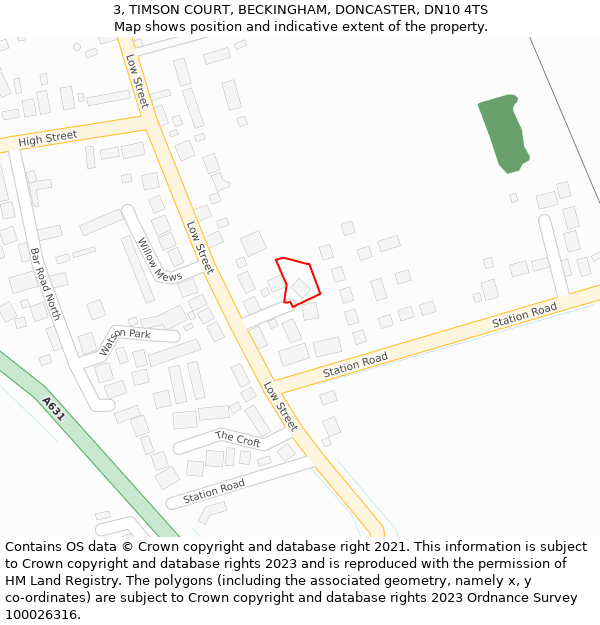 3, TIMSON COURT, BECKINGHAM, DONCASTER, DN10 4TS: Location map and indicative extent of plot