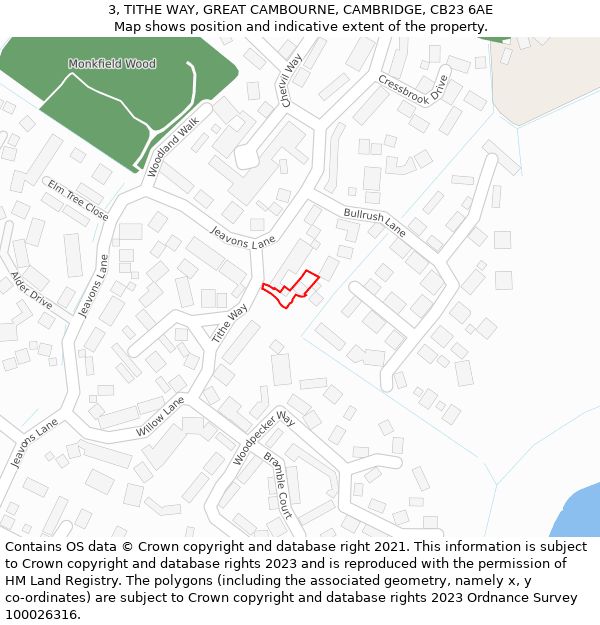 3, TITHE WAY, GREAT CAMBOURNE, CAMBRIDGE, CB23 6AE: Location map and indicative extent of plot