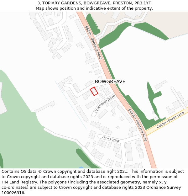 3, TOPIARY GARDENS, BOWGREAVE, PRESTON, PR3 1YF: Location map and indicative extent of plot