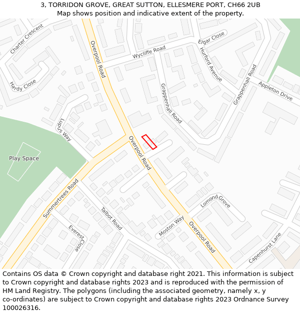 3, TORRIDON GROVE, GREAT SUTTON, ELLESMERE PORT, CH66 2UB: Location map and indicative extent of plot