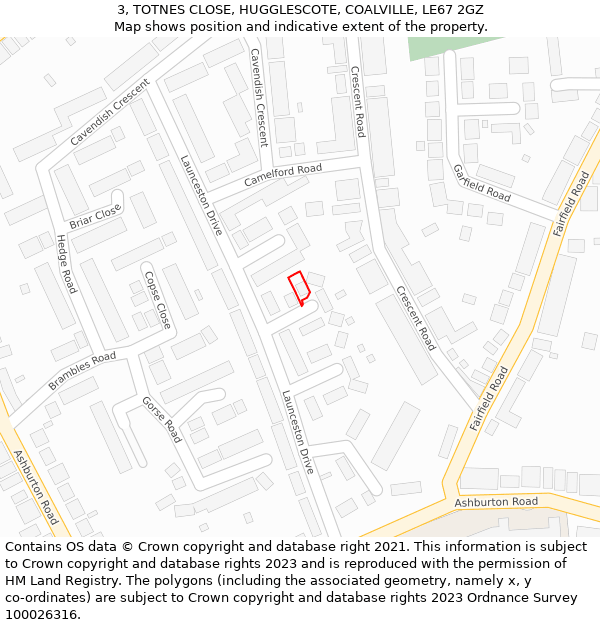 3, TOTNES CLOSE, HUGGLESCOTE, COALVILLE, LE67 2GZ: Location map and indicative extent of plot