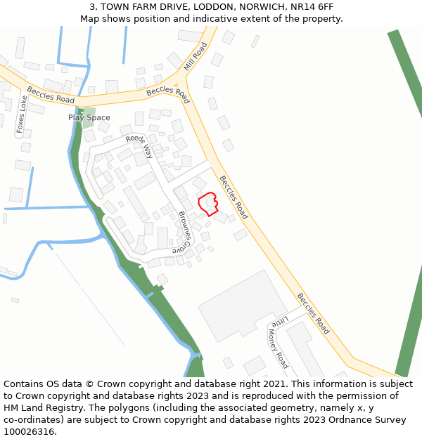 3, TOWN FARM DRIVE, LODDON, NORWICH, NR14 6FF: Location map and indicative extent of plot