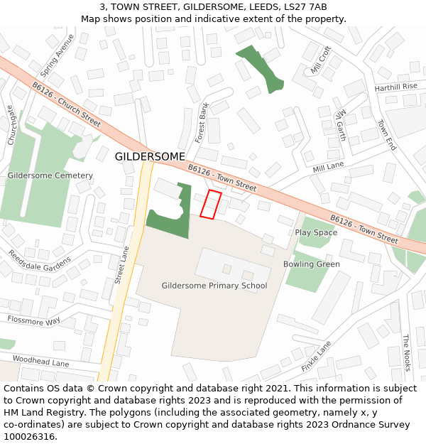 3, TOWN STREET, GILDERSOME, LEEDS, LS27 7AB: Location map and indicative extent of plot