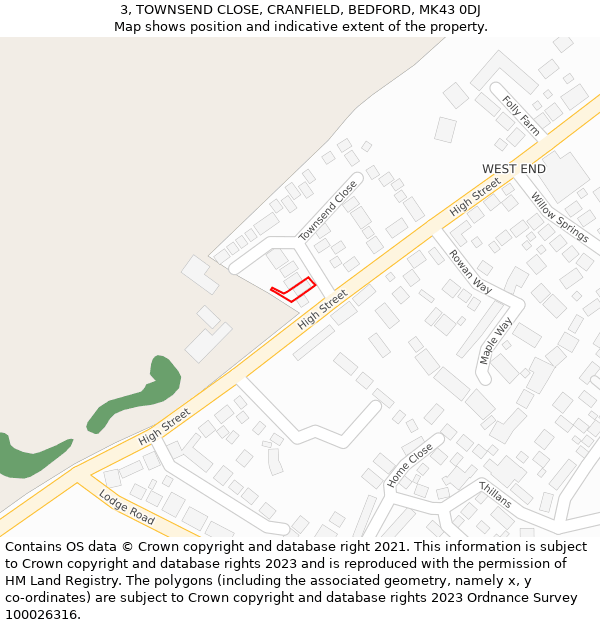 3, TOWNSEND CLOSE, CRANFIELD, BEDFORD, MK43 0DJ: Location map and indicative extent of plot