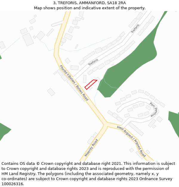 3, TREFORIS, AMMANFORD, SA18 2RA: Location map and indicative extent of plot