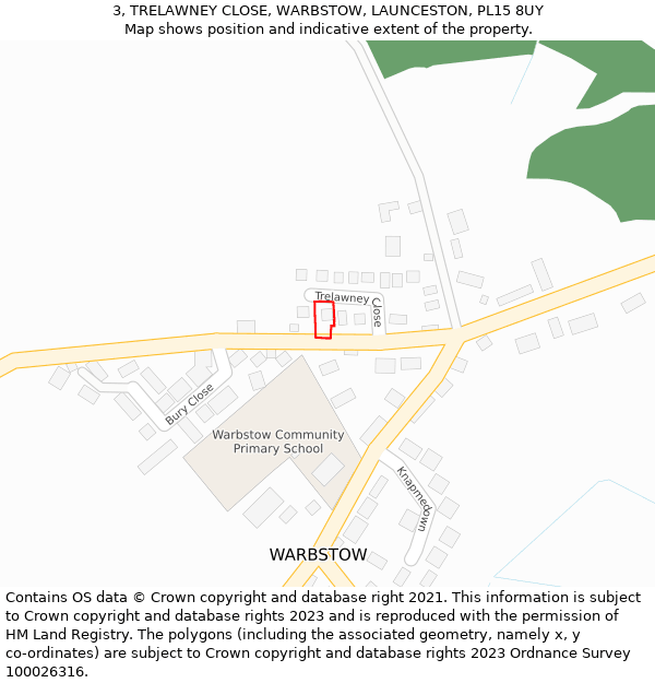 3, TRELAWNEY CLOSE, WARBSTOW, LAUNCESTON, PL15 8UY: Location map and indicative extent of plot