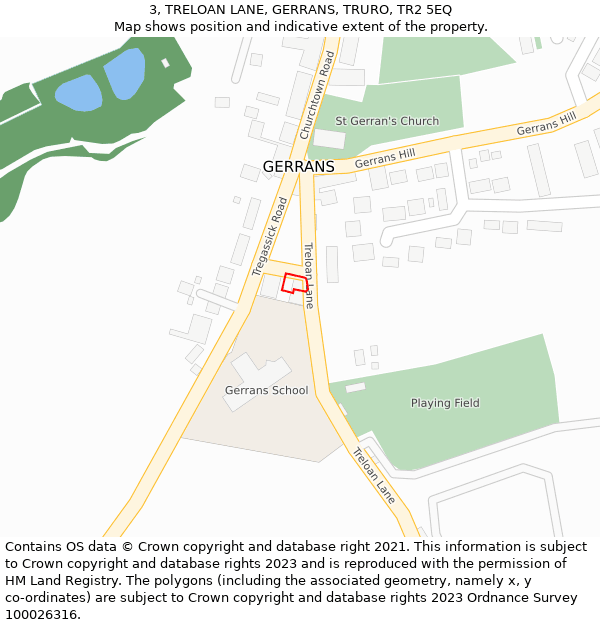 3, TRELOAN LANE, GERRANS, TRURO, TR2 5EQ: Location map and indicative extent of plot