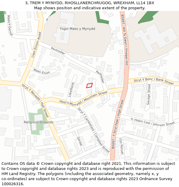 3, TREM Y MYNYDD, RHOSLLANERCHRUGOG, WREXHAM, LL14 1BX: Location map and indicative extent of plot