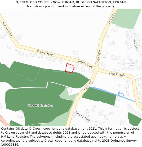 3, TREMFORD COURT, KNOWLE ROAD, BUDLEIGH SALTERTON, EX9 6AR: Location map and indicative extent of plot