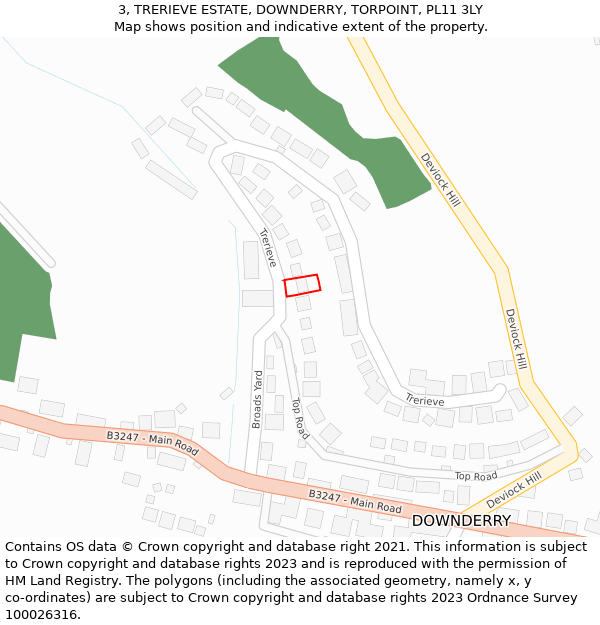 3, TRERIEVE ESTATE, DOWNDERRY, TORPOINT, PL11 3LY: Location map and indicative extent of plot