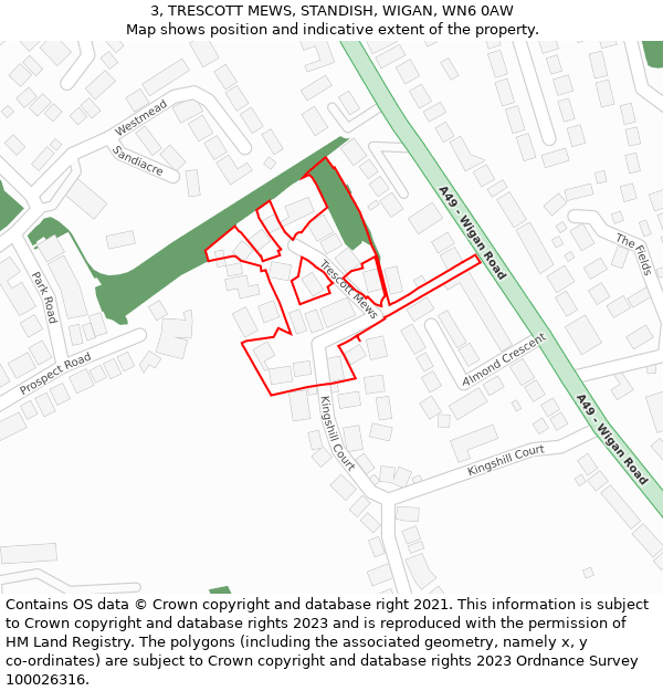 3, TRESCOTT MEWS, STANDISH, WIGAN, WN6 0AW: Location map and indicative extent of plot