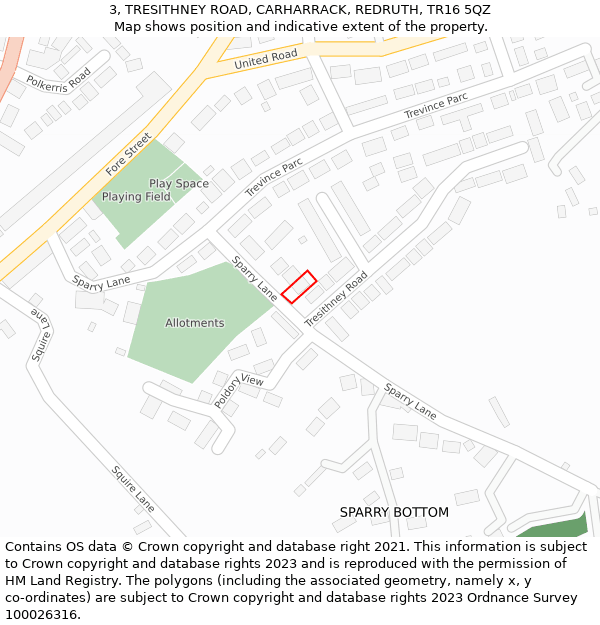 3, TRESITHNEY ROAD, CARHARRACK, REDRUTH, TR16 5QZ: Location map and indicative extent of plot