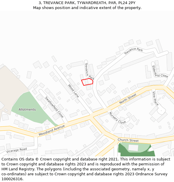 3, TREVANCE PARK, TYWARDREATH, PAR, PL24 2PY: Location map and indicative extent of plot