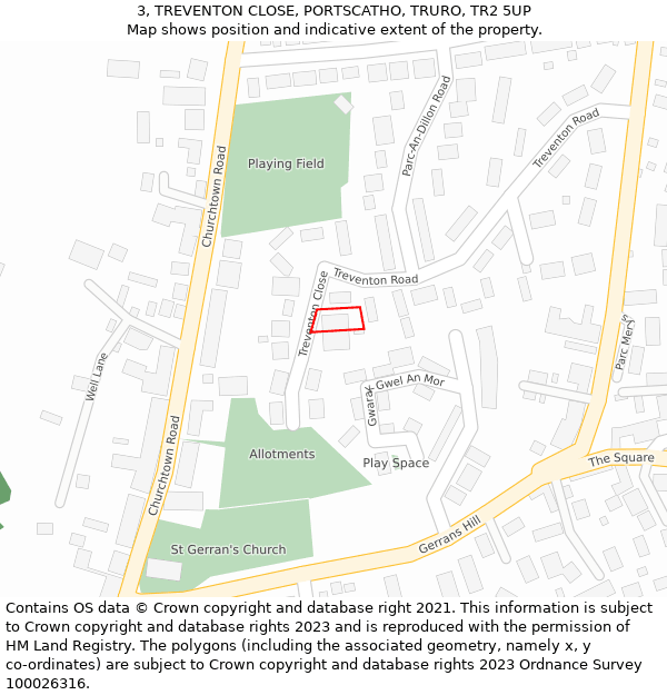 3, TREVENTON CLOSE, PORTSCATHO, TRURO, TR2 5UP: Location map and indicative extent of plot