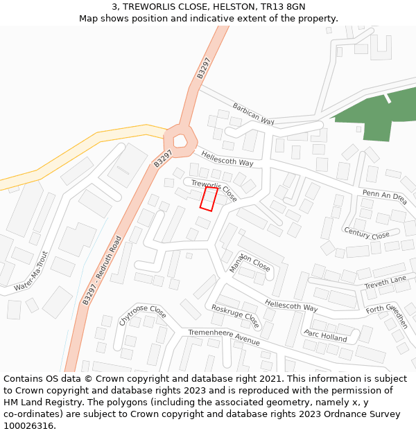 3, TREWORLIS CLOSE, HELSTON, TR13 8GN: Location map and indicative extent of plot