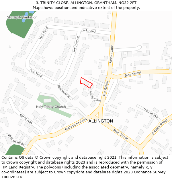 3, TRINITY CLOSE, ALLINGTON, GRANTHAM, NG32 2FT: Location map and indicative extent of plot