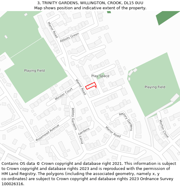 3, TRINITY GARDENS, WILLINGTON, CROOK, DL15 0UU: Location map and indicative extent of plot