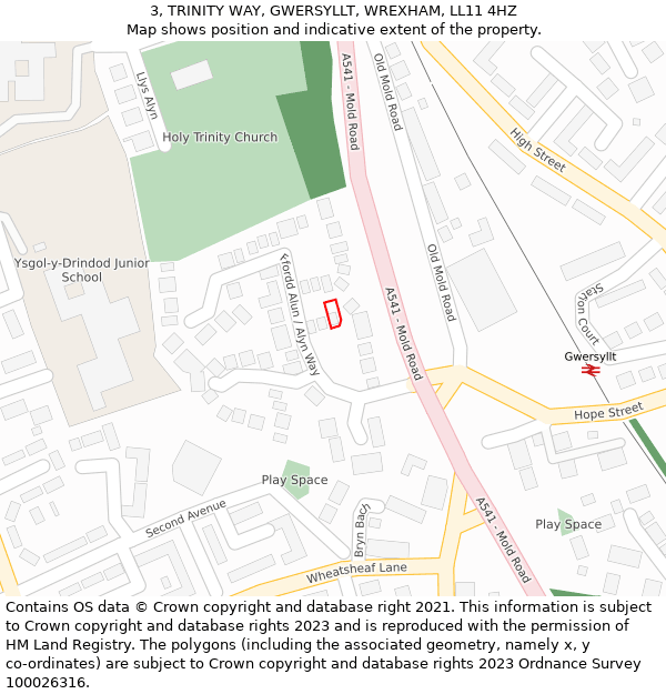 3, TRINITY WAY, GWERSYLLT, WREXHAM, LL11 4HZ: Location map and indicative extent of plot