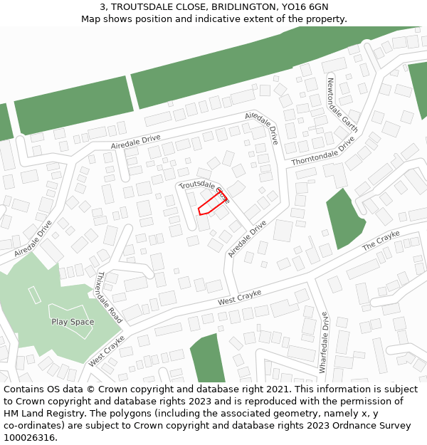 3, TROUTSDALE CLOSE, BRIDLINGTON, YO16 6GN: Location map and indicative extent of plot