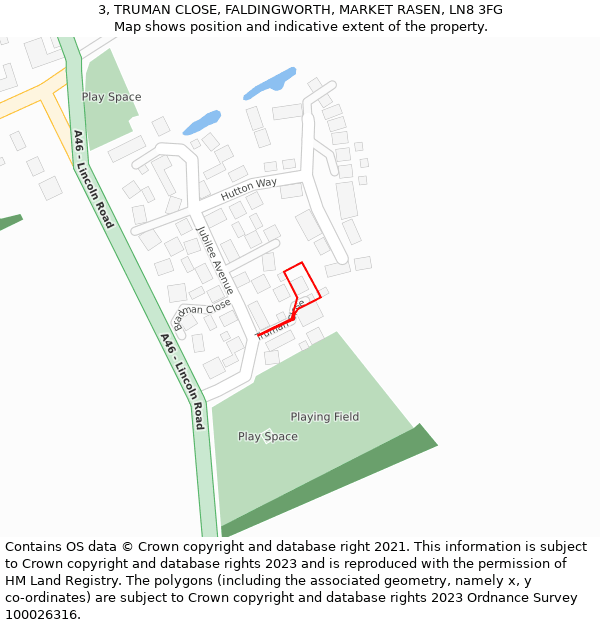 3, TRUMAN CLOSE, FALDINGWORTH, MARKET RASEN, LN8 3FG: Location map and indicative extent of plot