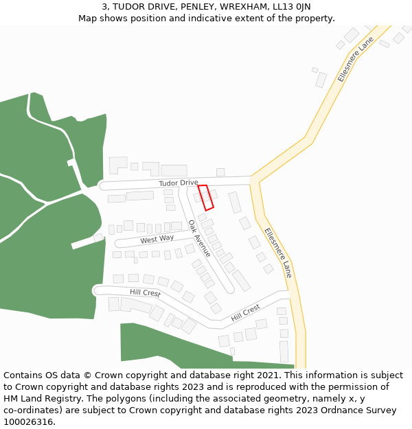 3, TUDOR DRIVE, PENLEY, WREXHAM, LL13 0JN: Location map and indicative extent of plot