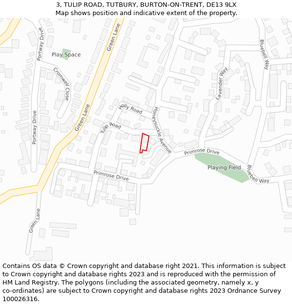3, TULIP ROAD, TUTBURY, BURTON-ON-TRENT, DE13 9LX: Location map and indicative extent of plot
