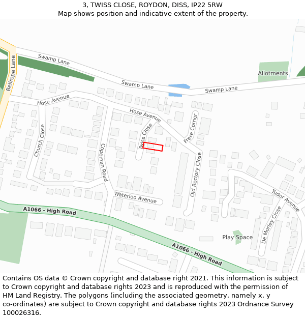 3, TWISS CLOSE, ROYDON, DISS, IP22 5RW: Location map and indicative extent of plot