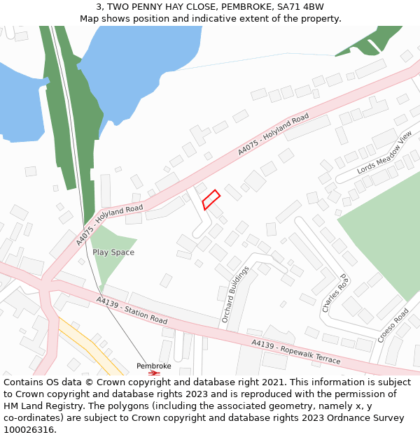 3, TWO PENNY HAY CLOSE, PEMBROKE, SA71 4BW: Location map and indicative extent of plot